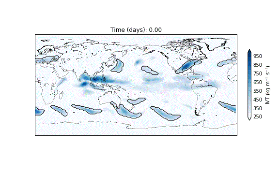 Animation of weather phenomena known as “atmospheric rivers”. The animation comes from a climate model simulation ran with the Community Earth System Model (CESM).