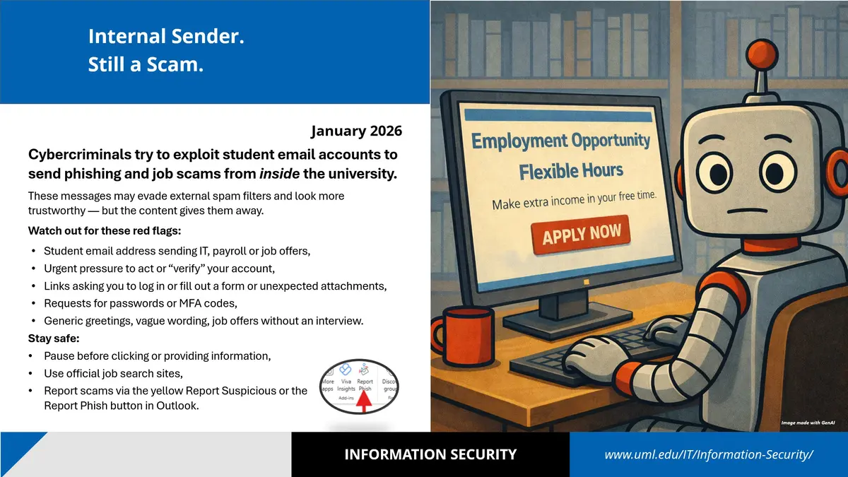 Slide with information on how to avoid a scam that was sent internally from a student or faculty/staff member's compromised account.