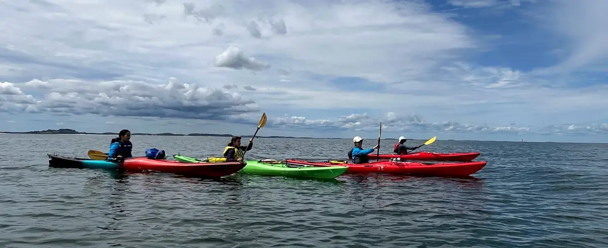 Four people in colorful kayaks paddle in a row on flat ocean water with some blue sky and heavy clouds above