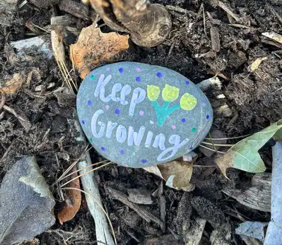 Rock painted with "keep growing" on ground among leaves and sticks