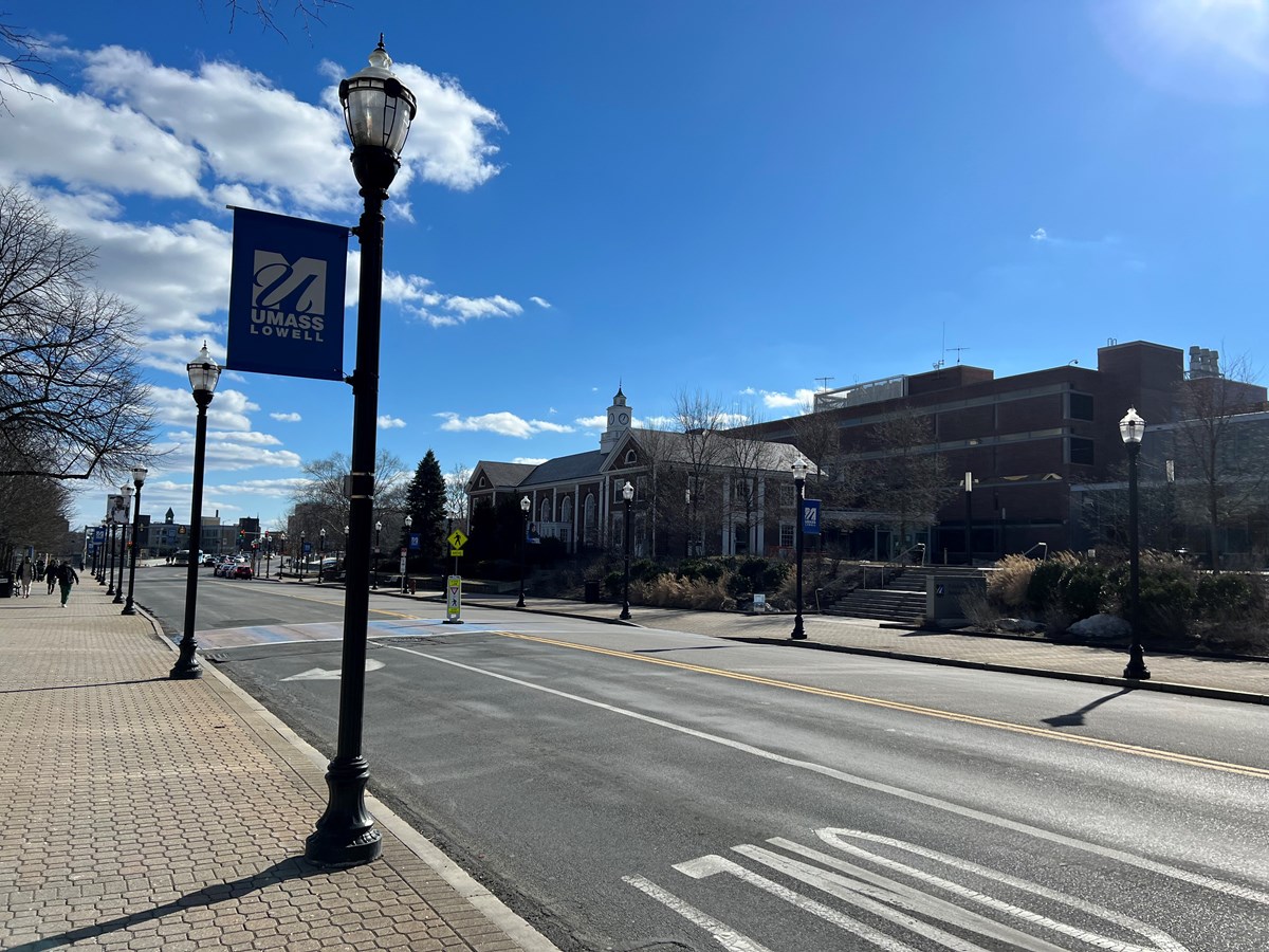 Alumni Hall at UMass Lowell as seen from across the street.