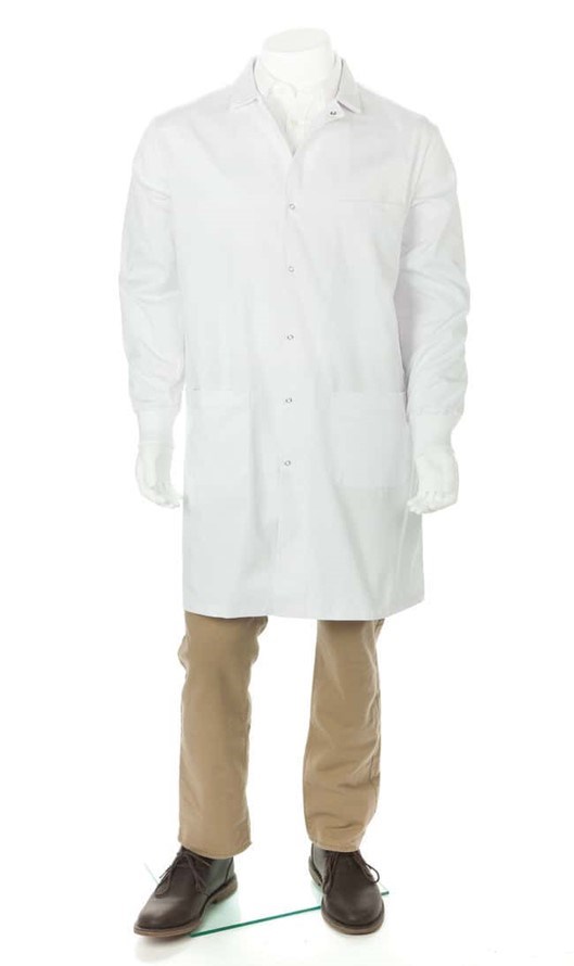 Headless mannequin wearing white lab coat