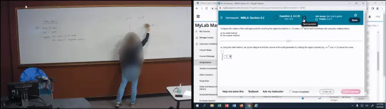 Split image with recording of professor teaching on the left and teaching materials on the right.