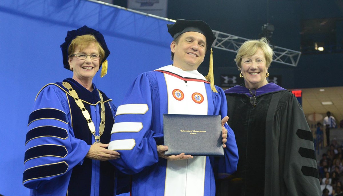 Chancellor Jacquie Moloney, Boston Pops Conductor and Sen. Eileen Donoghue after Lockhart received his honorary degree.