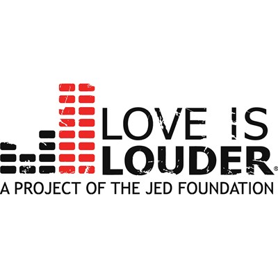 White background with three vertical rows of black rectangles and two of red and the words Love is Louder A Project of the Jed Foundation