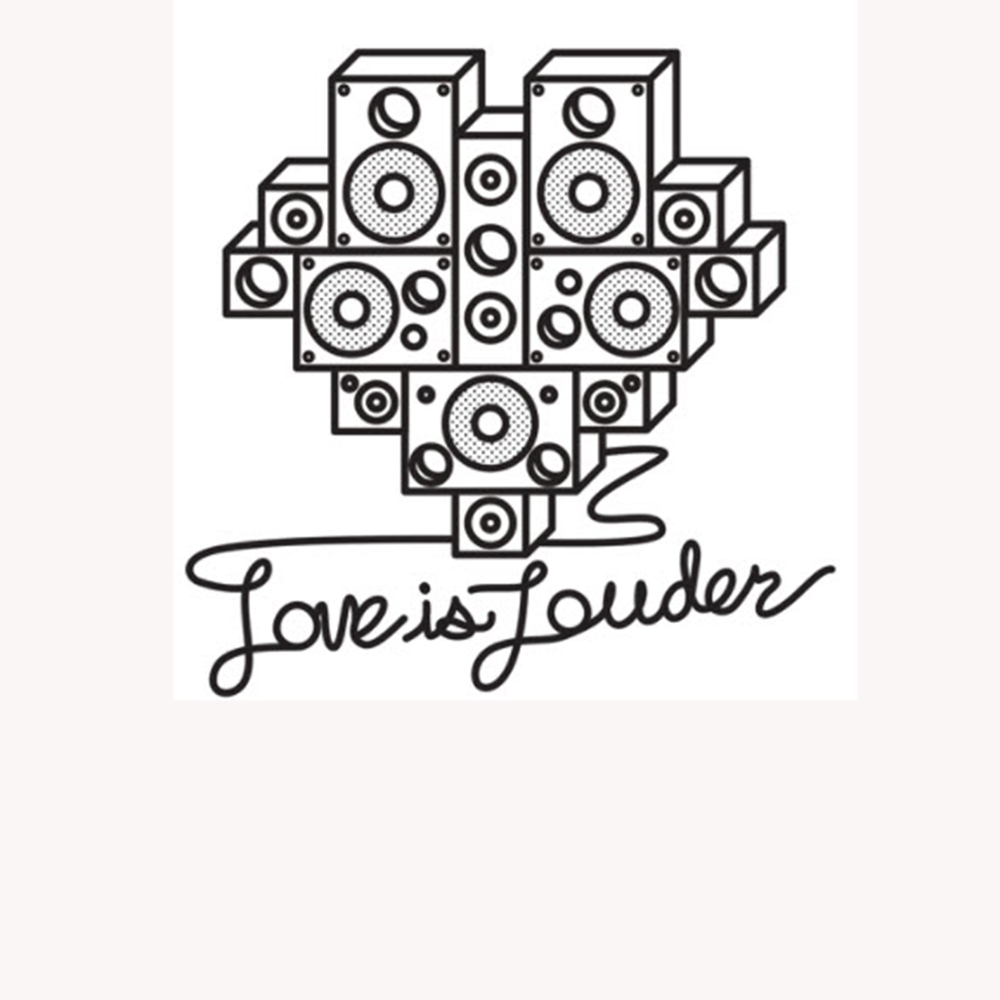 Logo with script text saying Love is Louder on the bottom and various stacked speakers above the text - which looks like the power cord for the speakers.