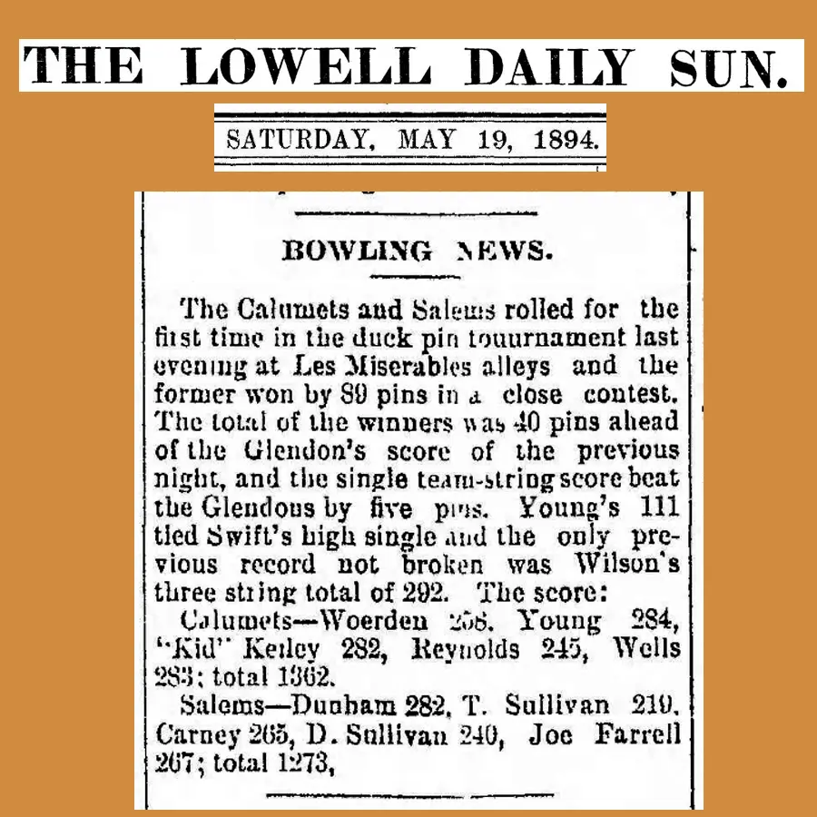 A newspaper clipping from 1894 about a duck pin bowling tournament in Lowell, Massachusetts.