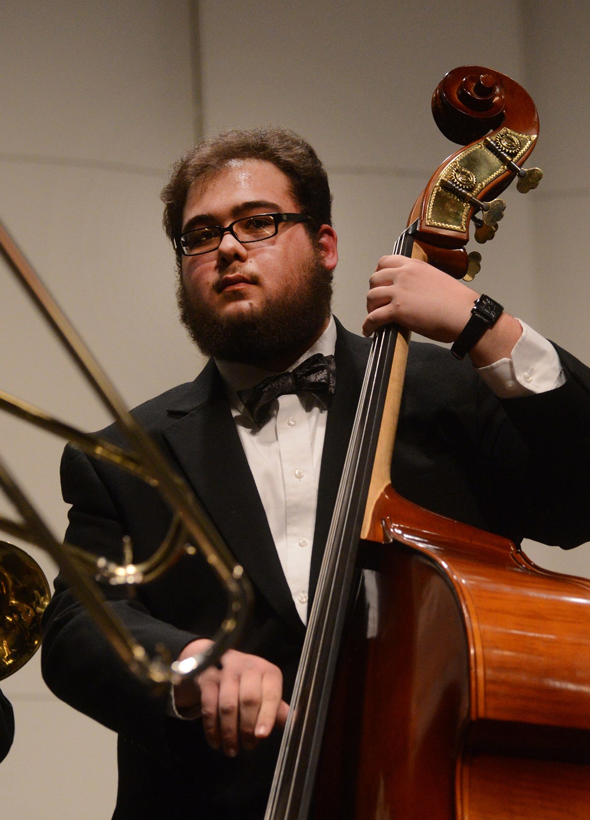 A bass player performs at the University Orchestra's "All You Need is Love!” Valentine's Day concert.
