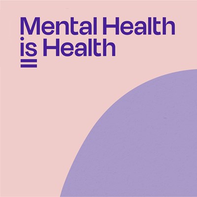 Pink background with purple circle in the bottom right corner and the words: Mental Health is Health with 2 underlines under the is.