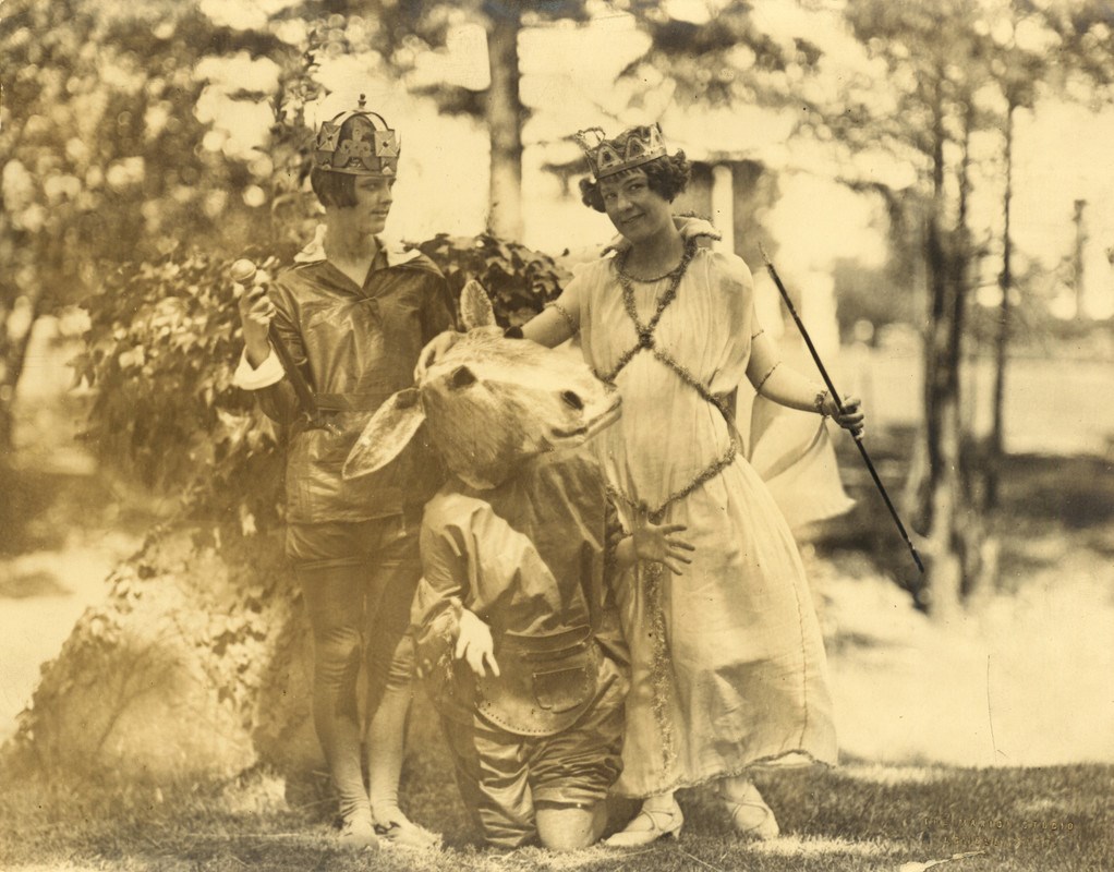 Three 1905 theater students dressed to act in A Midsummer Night's Dream
