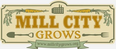 Mill City Grows logo. Mill City Grows (MCG) improves physical health, economic independence and environmental sustainability in Lowell through increased access to land, locally-grown food and education.