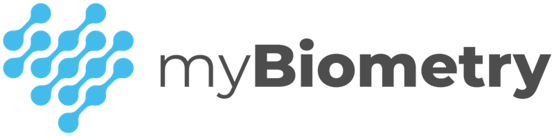 myBiometry logo with the words: myBiometry in black, and blue circular shapes are attached to each other.