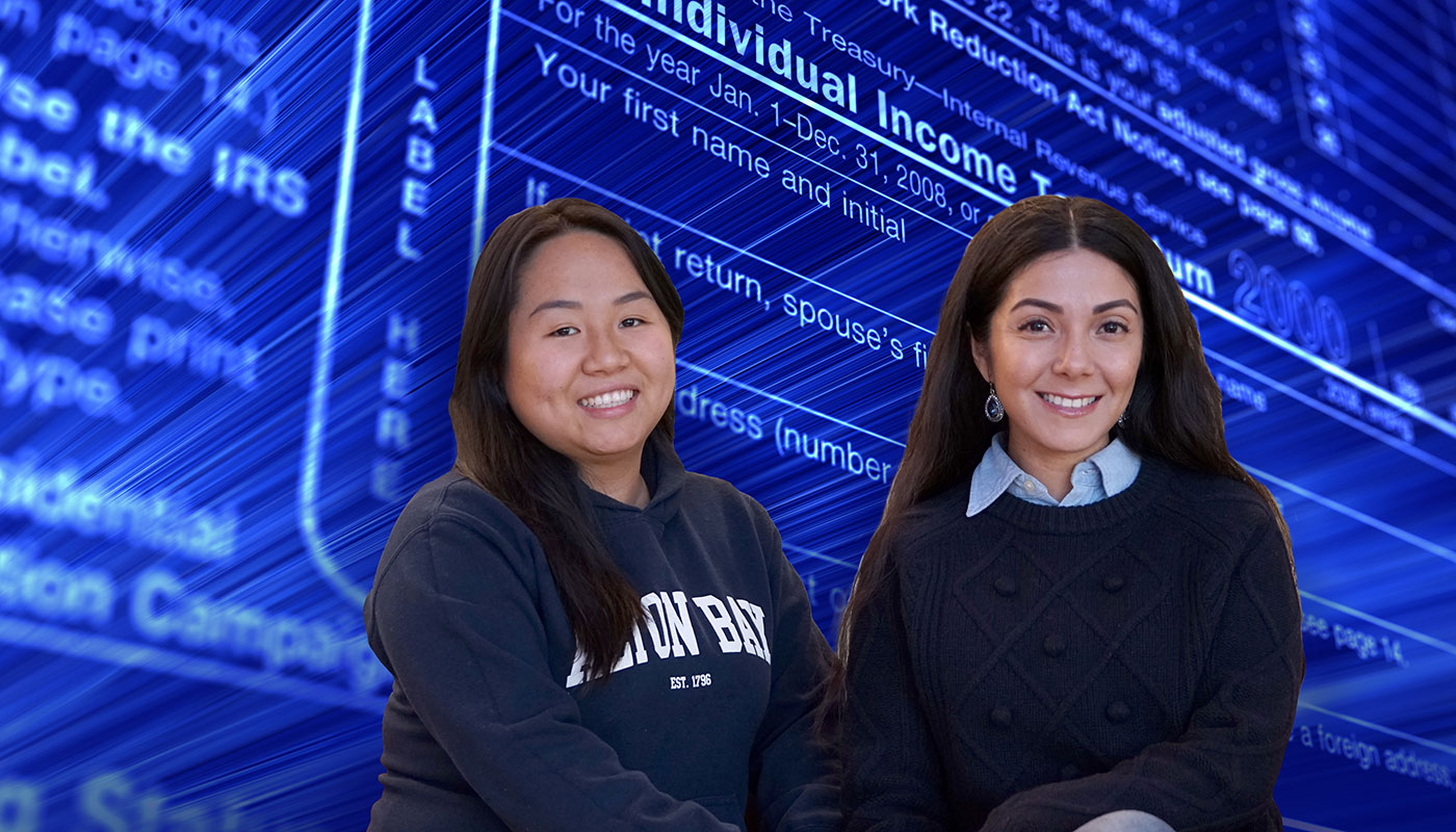 Two young women in front of tax form background