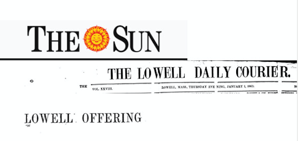Collage of newspaper headers Lowell Sun, Lowell Courier, The Lowell Offering