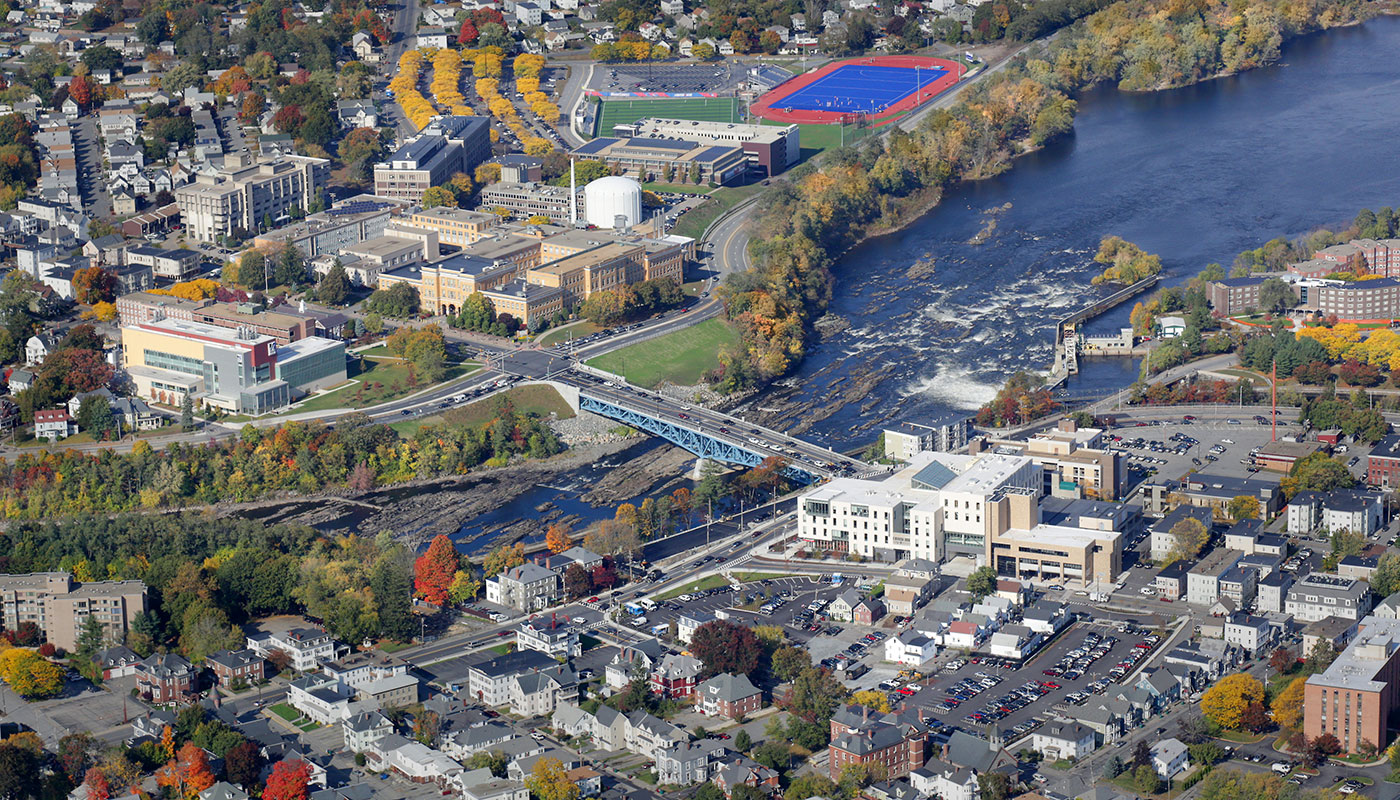 Aerial shot of UML campus showing the Merrimack River wending through it.