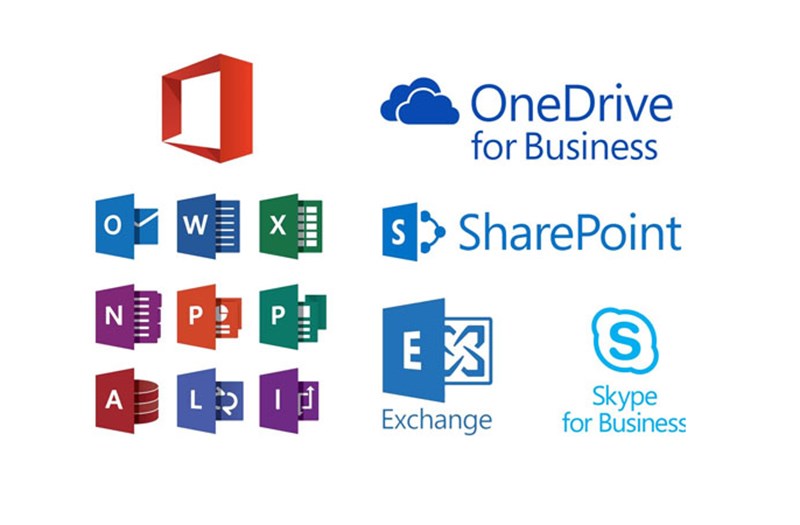 Office 365 logo with logos of all the various Microsoft Products and software that fall under it.