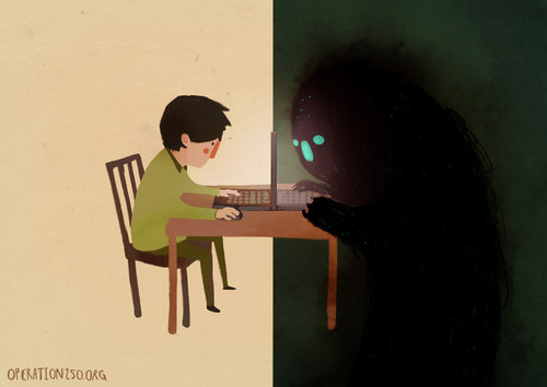 Illustration of young person sitting opposite a shadowy figure