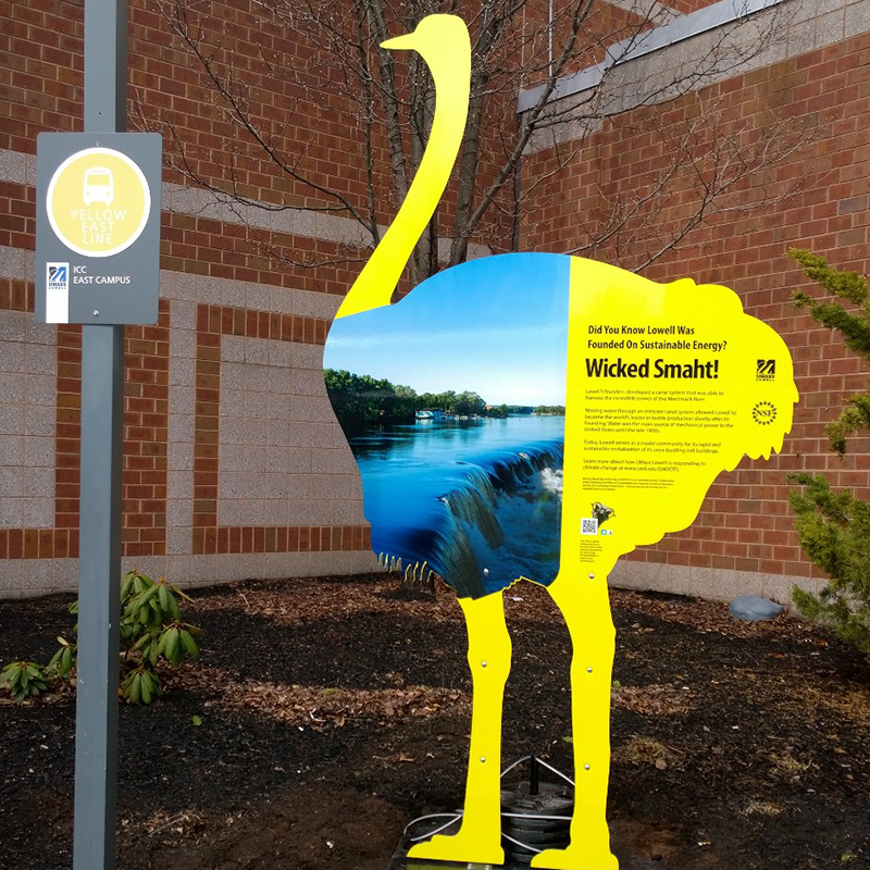 Metal ostrich displaying environmental facts