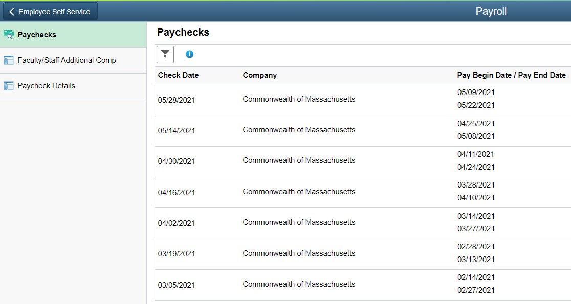 Screen shot showing the 7 most recent paychecks available for view on the Payroll webpage.
