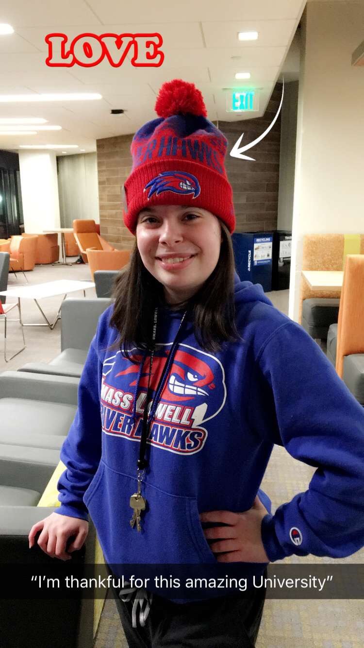 Student wearing UMass Lowell gear is "thankful for this University"