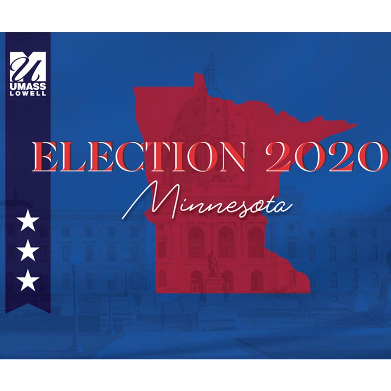 Election 2020 graphic with outline of state imposed on background image of capital building
