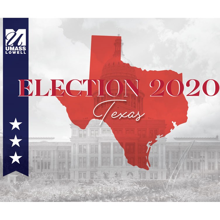Election 2020 graphic with outline of state imposed on background image of capital building