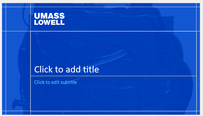 UMass Lowell PowerPoint Template with Click to add title and click to add subtitle instructions