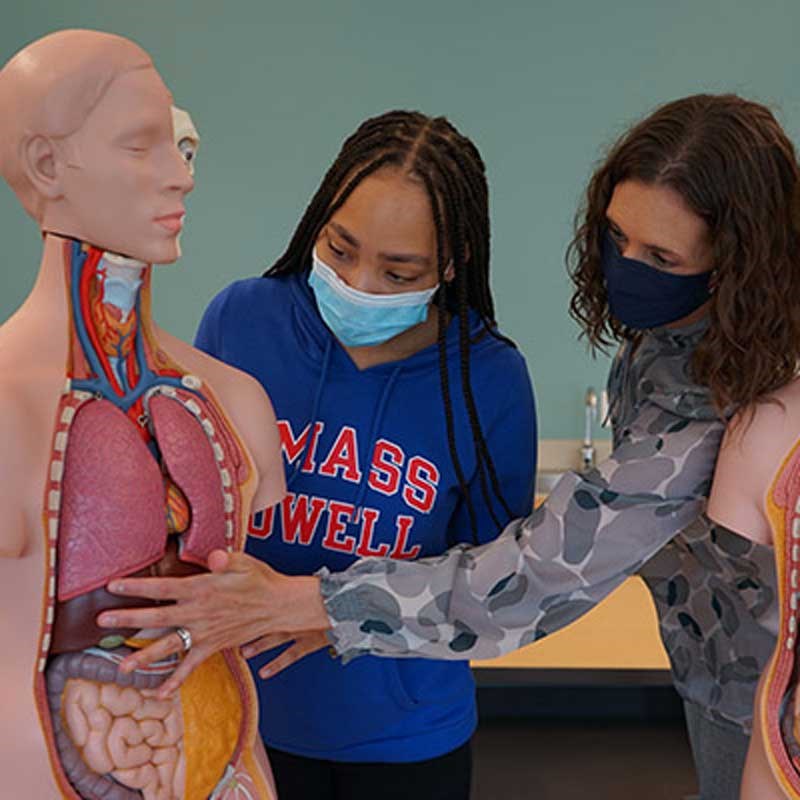 UML Assoc. Teaching Prof. Arlee Dulak shows nursing student Fritza Jeudy a new anatomy model