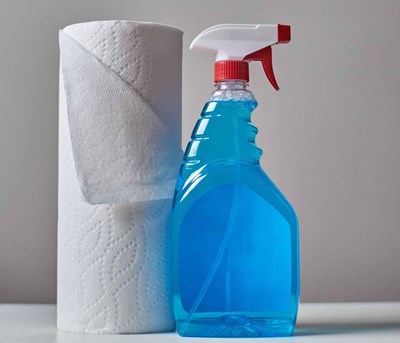Purchasing-Cleaning and Janitorial Products: a roll of paper towels is placed next to a spray bottle filled with a blue cleaning product.