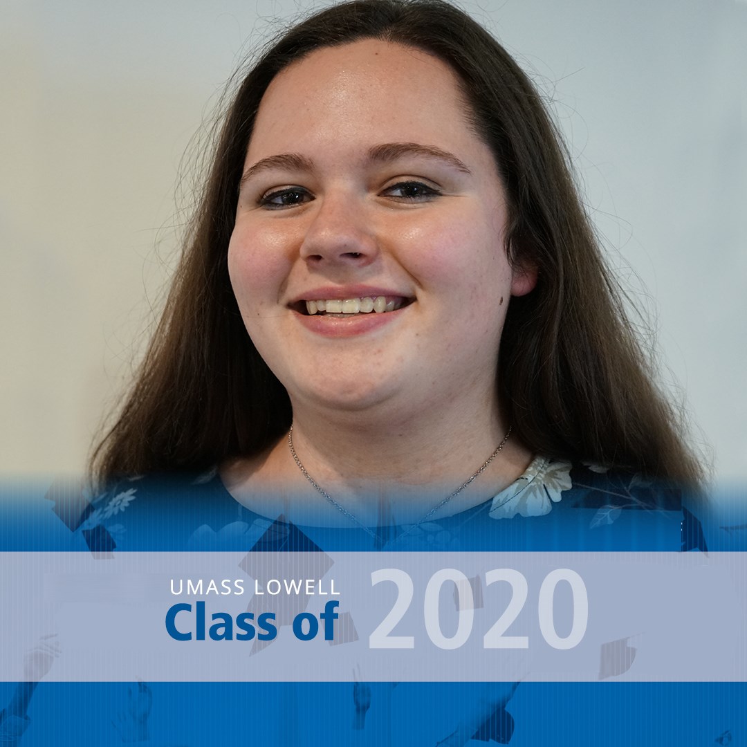 Headshot of Rachel Record with a blue decorative frame around it that reads "UMass Lowell Class of 2020."