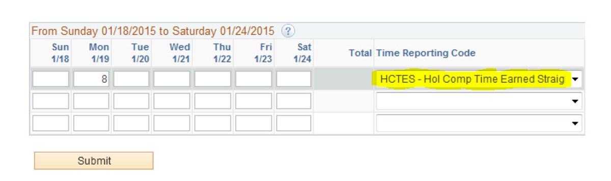 Screen shot of HR Direct timesheet system with the employee reporting 8 hours of Holiday comp time earned (and that dropdown menu highlighted)