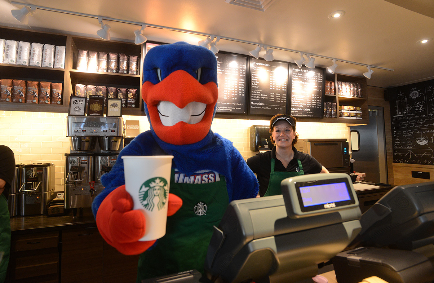 Rowdy joins the staff at the North Campus Starbucks soft opening.