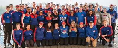 Group photo of the UMass Lowell Rowing team.