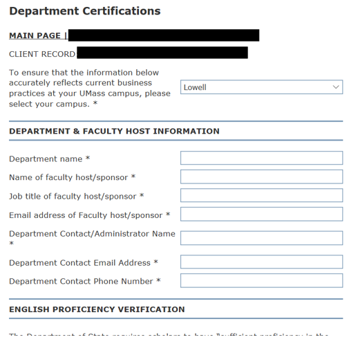 screenshot of department certifications eform in istart with fields to be completed