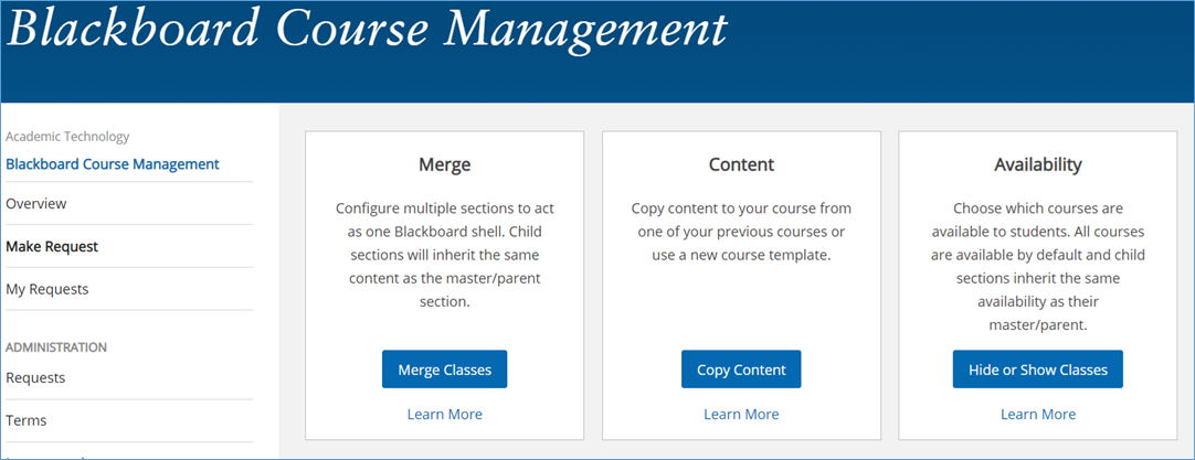 Blackboard course management webpage