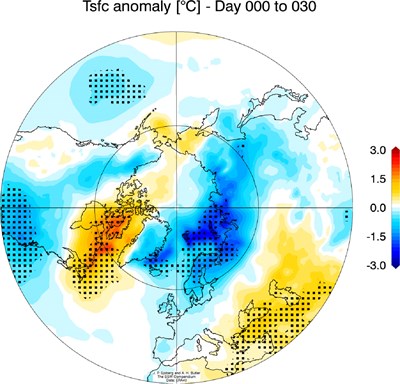 screenshot of a simulated earth and atmospheric model demonstrating polar vortex experienced by North America Winter 2018.