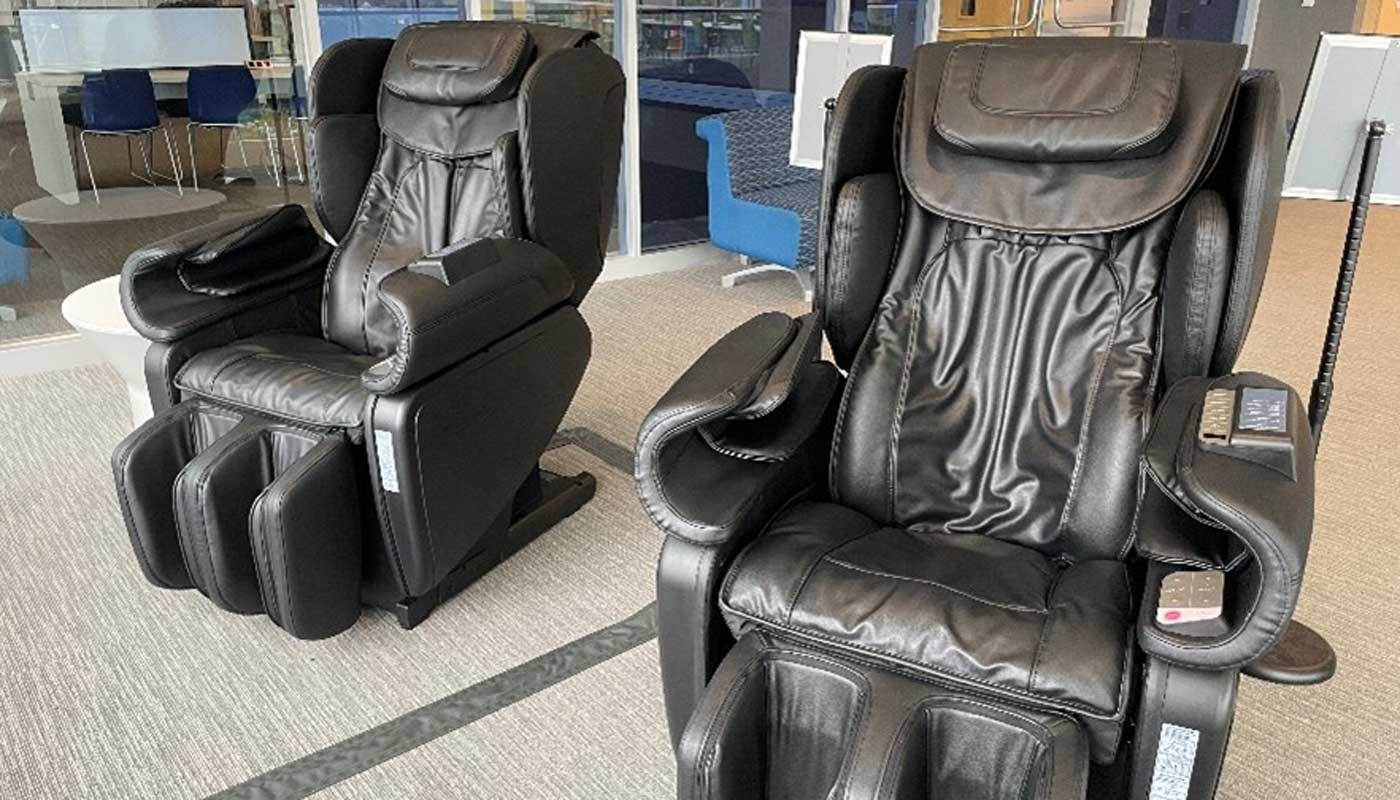 Two massage chairs in UMass Lowell's Serenity Center