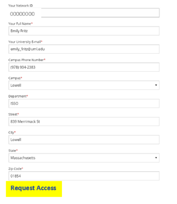 screenshot of departmental access request form with "request access" button highlighted in bottom left