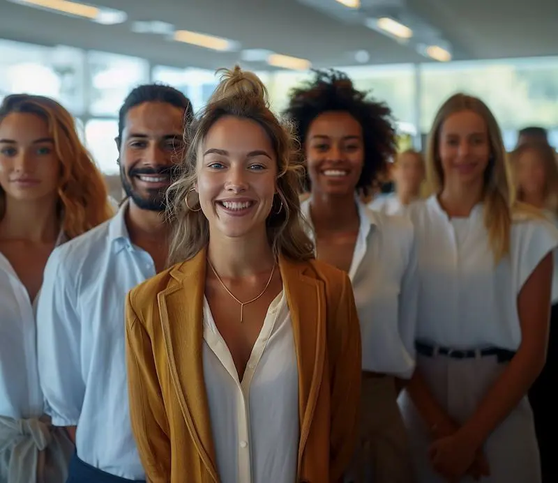 five office workers standing smiling and facing the camera 