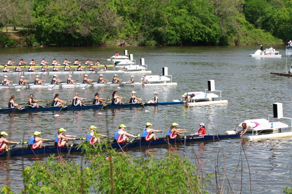 Rowing shells at the starting line of a race.