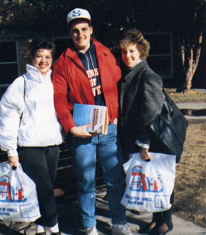 1988 students with ULowell bookstore bags