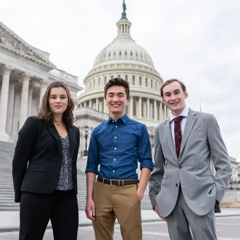 Three students stand in front of U.S. government buildings.