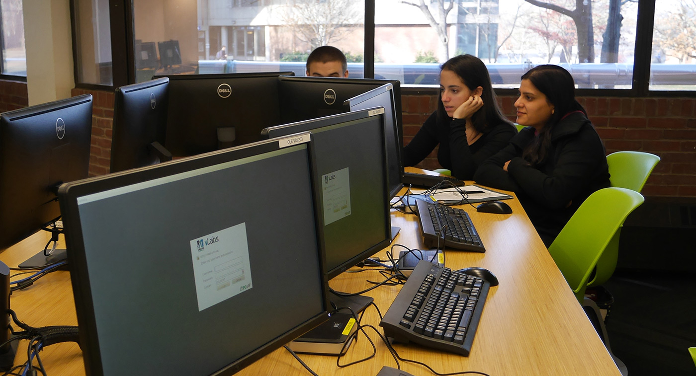 Students using vLabs on a computer at the O'Leary Library.