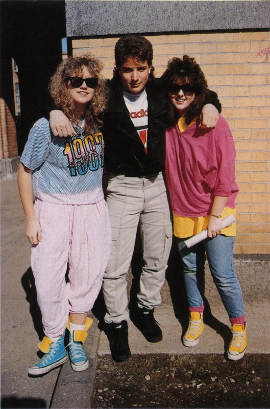 Three students on North Campus pose for a photo in 1988