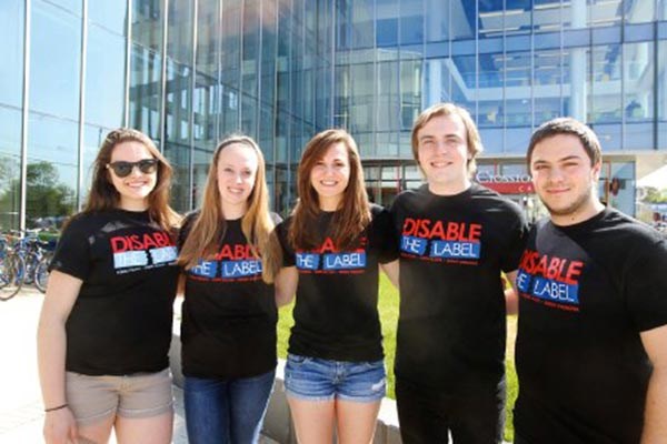 Board members of Disable the Label, a student club at UMass Lowell dedicated to ending stigmatizing language, from left: Mackenzie Carr of Tewksbury, Alyssa Mulno of Tewksbury, Brenna Stewart of Westboro, Zachary Zuber of Haverhill and John Romano of Wilmington.