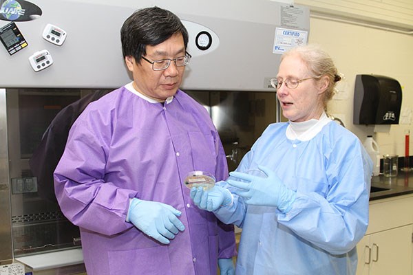 Chemistry Prof. Yuyu Sun, left, and Biomedical and Nutritional Sciences Assoc. Prof. Nancy Goodyear 