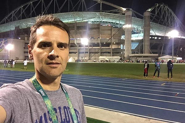 UMass Lowell physical therapy professor Alexandre Lopes in the Olympic Stadium in Rio de Janeiro, Brazil, during the Olympic games.