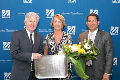 Marty Meehan, Donna Manning and Rob Manning with Manning Prize in 2017