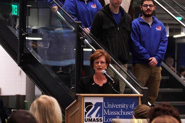 Chancellor Jacqueline Moloney speaks at the opening of the renovated McGauvran Center at UMass Lowell s South Campus Tuesday. SUN/JULIA MALAKIE