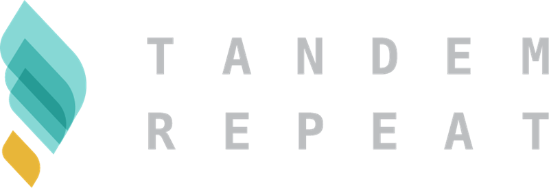 Tandem Repeat Technologies logo with the words: Tandem Repeat in gray, stacked on top of each other. To the left of the words is a leaf design.